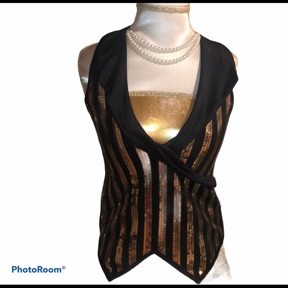 curtain call costumes Tops - Black and Gold Sequin Vest Style Top